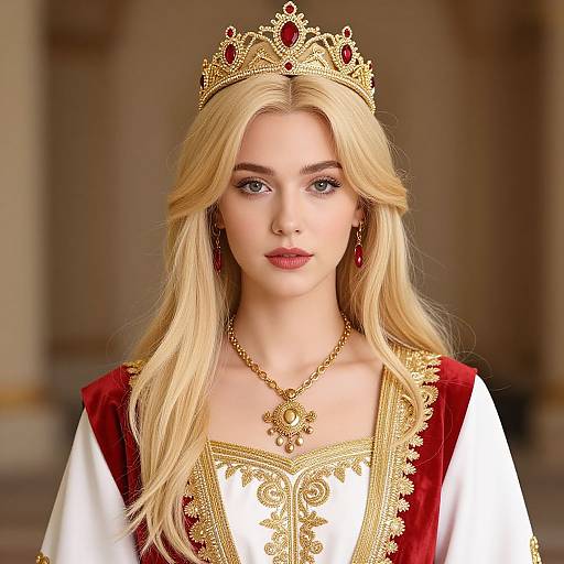 Regal Blonde Woman in Embroidered Dress