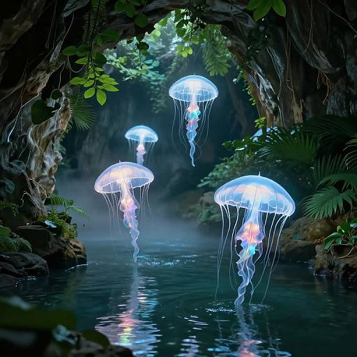 Photorealistic digital artwork of glowing, bioluminescent jellyfish floating in a dark, cavernous underwater cave, illuminated by vibrant blue and green