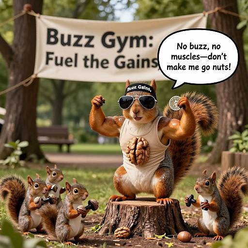 CGI image of muscular squirrel in sunglasses, flexing, sitting on tree stump, surrounded by cute squirrels, banner reading 