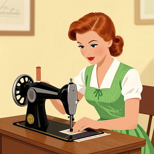Vintage-style digital illustration of a red-haired woman in a green pinafore and white blouse, sewing on a black sewing machine.