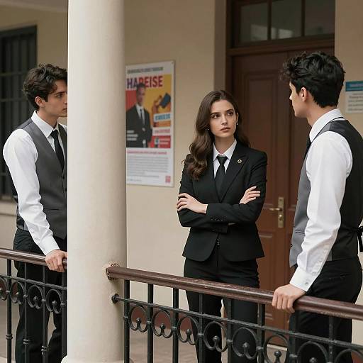 Three Figures in an Elegant Hallway