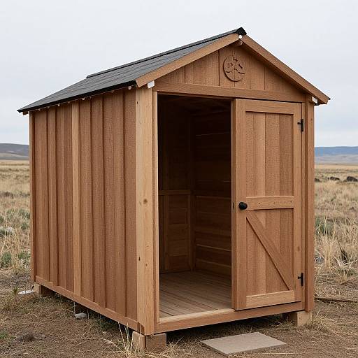 Photograph of a rustic, wooden dog house with a slanted roof, open door, and wood grain texture, set in a dry, grassy