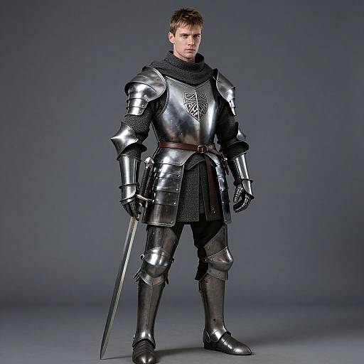 Photograph of a young Caucasian man in full medieval silver armor with a black tunic, holding a long sword, standing against a gray gradient background.