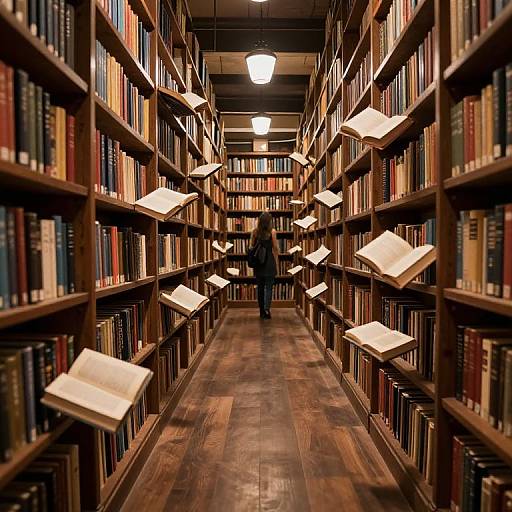 Photograph of a dimly-lit library aisle with wooden shelves filled with colorful books, white open books floating in mid-air, and a blurred person