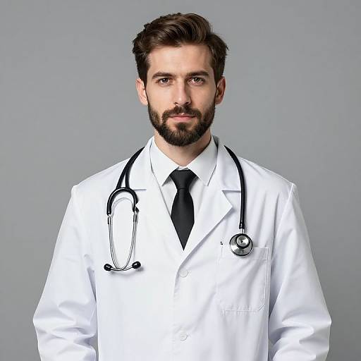 Photograph of a bearded, brown-haired male doctor with a serious expression, wearing a white lab coat, black tie, and stethoscope.
