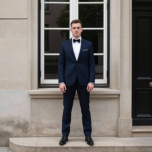 Photograph of a young, Caucasian man with short brown hair, wearing a black tuxedo, white shirt, and black bow tie, standing confidently