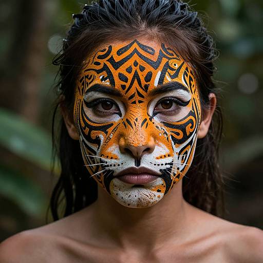Photograph of a young woman with dark, wet hair, wearing intricate orange and black tiger face paint, standing in a lush, forested background.