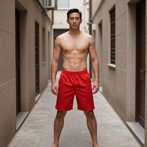 Photograph of a shirtless Asian man with short black hair, standing in a narrow urban alley, wearing bright red shorts, looking forward.