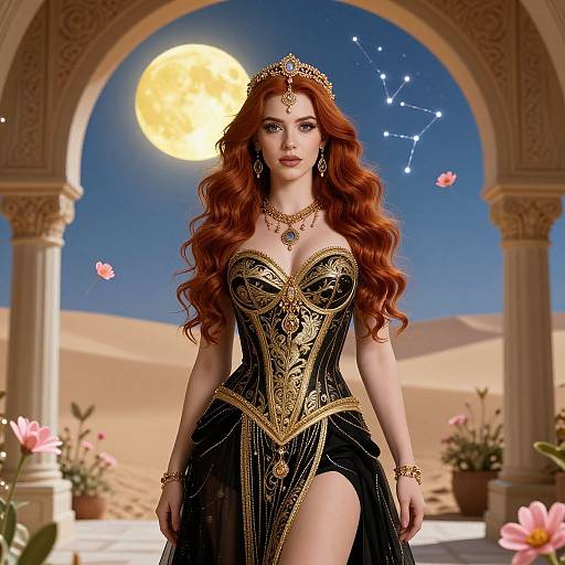 Digital artwork of a red-haired queen with long wavy hair, wearing an ornate black and gold corset, tiara, and jewelry, standing