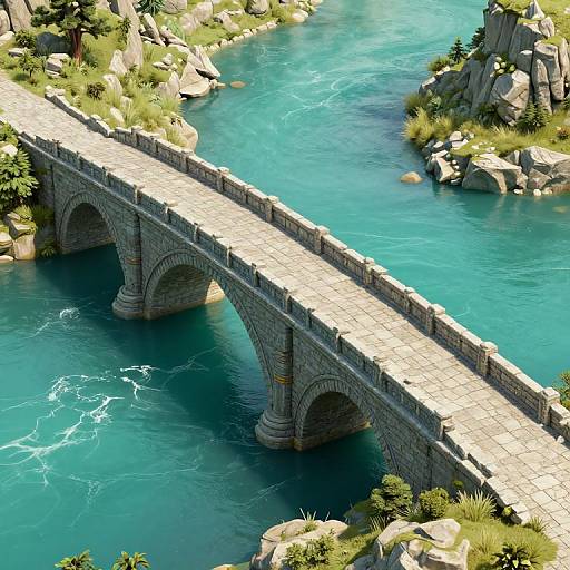 Photorealistic CGI of a stone arch bridge crossing a vibrant turquoise river, surrounded by rocky terrain and lush greenery.