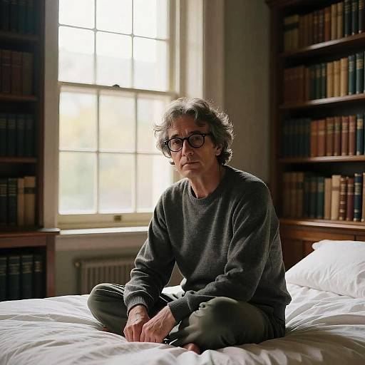 Photograph of a middle-aged man with gray hair, glasses, and a gray sweater, sitting cross-legged on a bed in a sunlit library room
