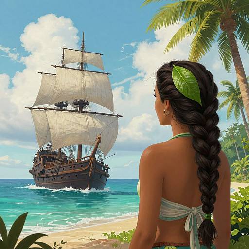 Digital painting of a woman with a green headscarf and braided hair, watching a large, sailing ship on a tropical beach.