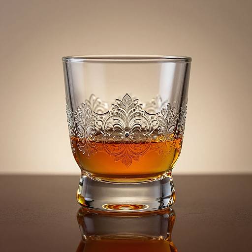Photograph of a clear glass tumbler with ornate floral etching, filled with amber-colored liquid, set against a soft, neutral background.