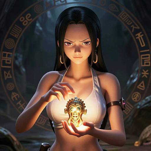 CGI image of a fierce, long-haired woman with dark skin and black hair, wearing a white crop top, holding a glowing skull pendant, set