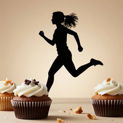 Photograph of black silhouette of a woman running, with two topped cupcakes in white frosting and crumbs, against a beige background.
