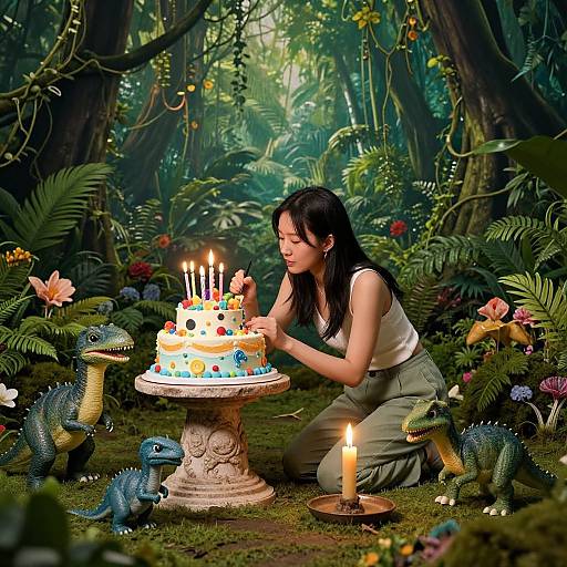 Photograph of an Asian woman with long black hair, white sleeveless top, and green pants, kneeling in a lush jungle, blowing out candles on