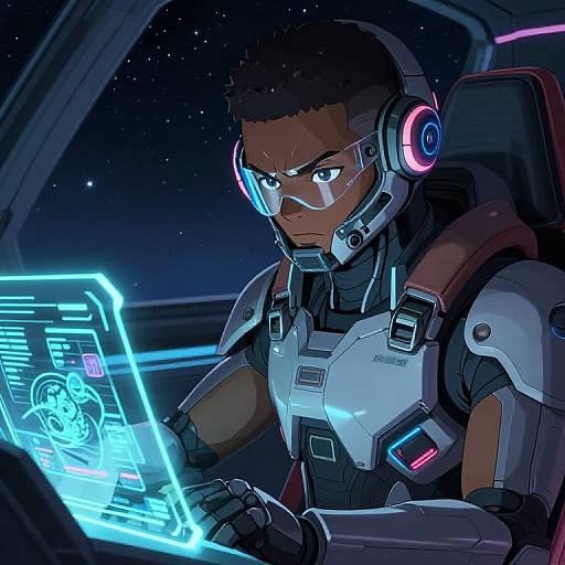 Digital illustration of a Black male astronaut in futuristic armor, focusing on a glowing blue holographic display in a starry night sky. Neon accents highlight his