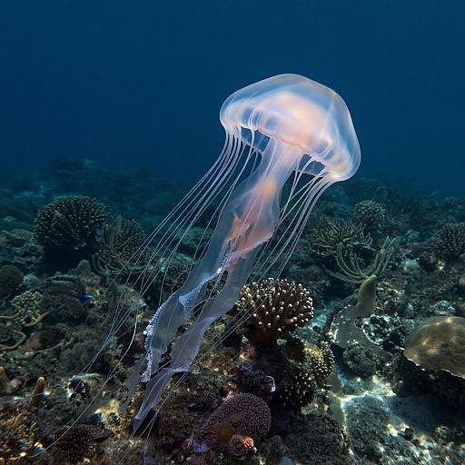 Photograph of a glowing, translucent jellyfish with long, white tentacles floating above a vibrant, coral-covered ocean floor under a deep blue sea.