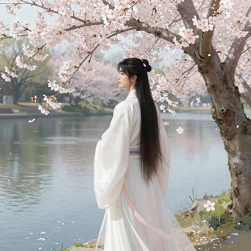 Digital painting of an East Asian woman with long black hair, wearing a white kimono, standing under cherry blossoms by a calm lake.