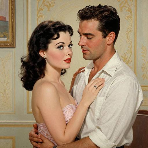 Vintage-style photograph of a dark-haired woman in a pink strapless dress and a dark-haired man in a white shirt, intimately embracing in a ornately