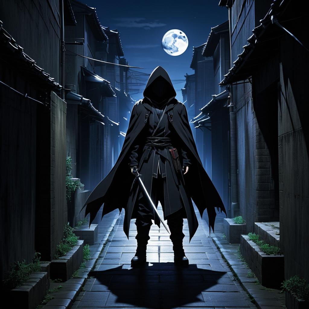 Lone Assassin in Moonlit Alleyway