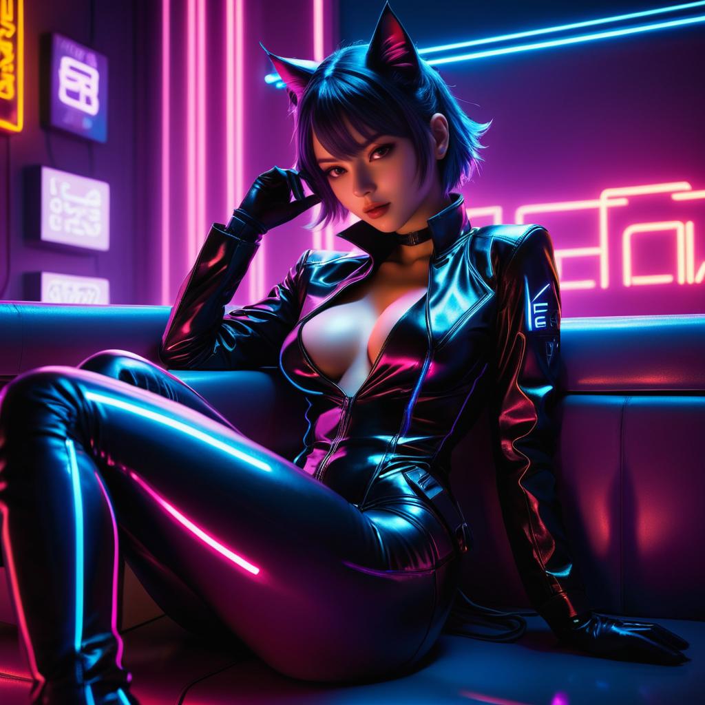 Ecchi Catgirl Vigilante in Neon Glow