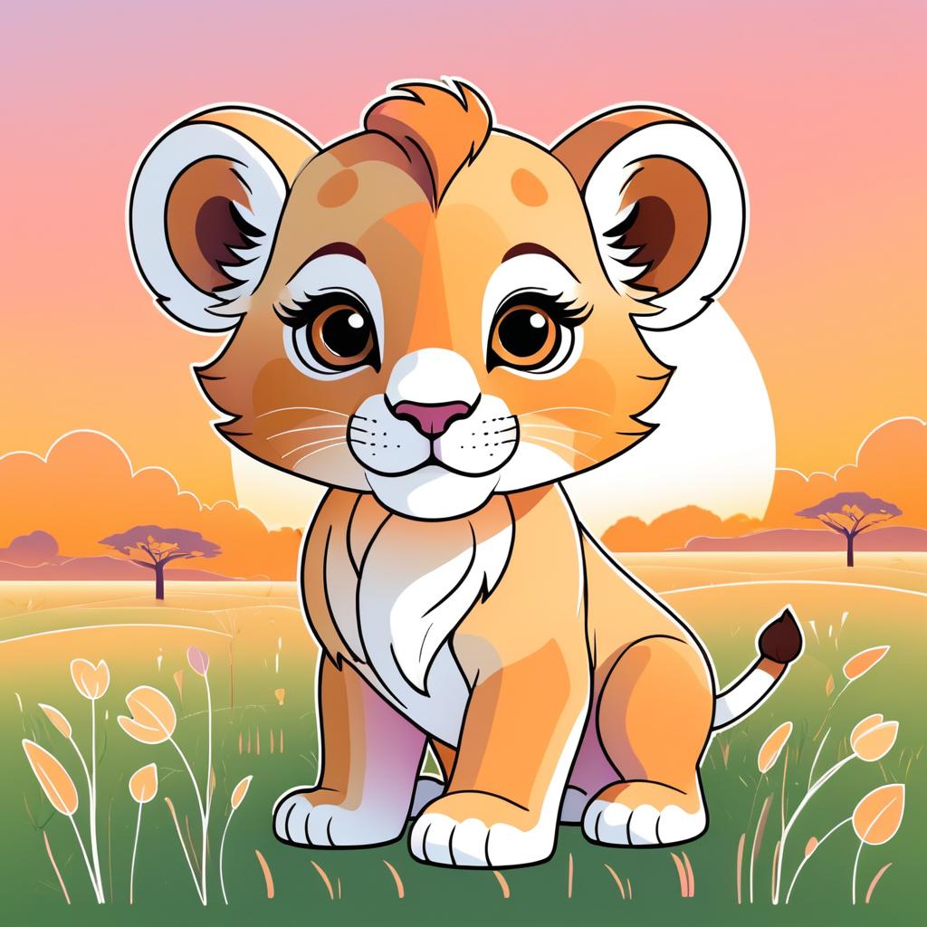 Whimsical Baby Lion Cub in Sunset