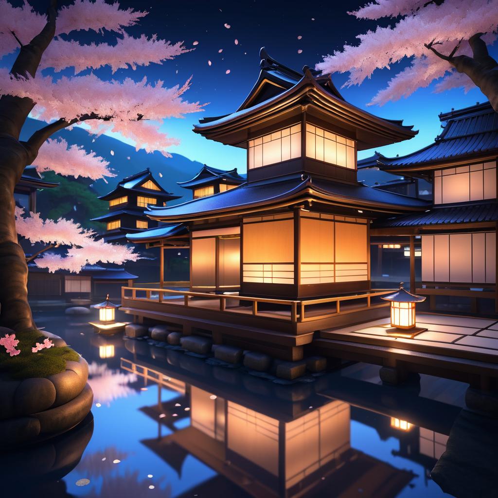 Serene Onsen Nightscape with Cherry Blossoms