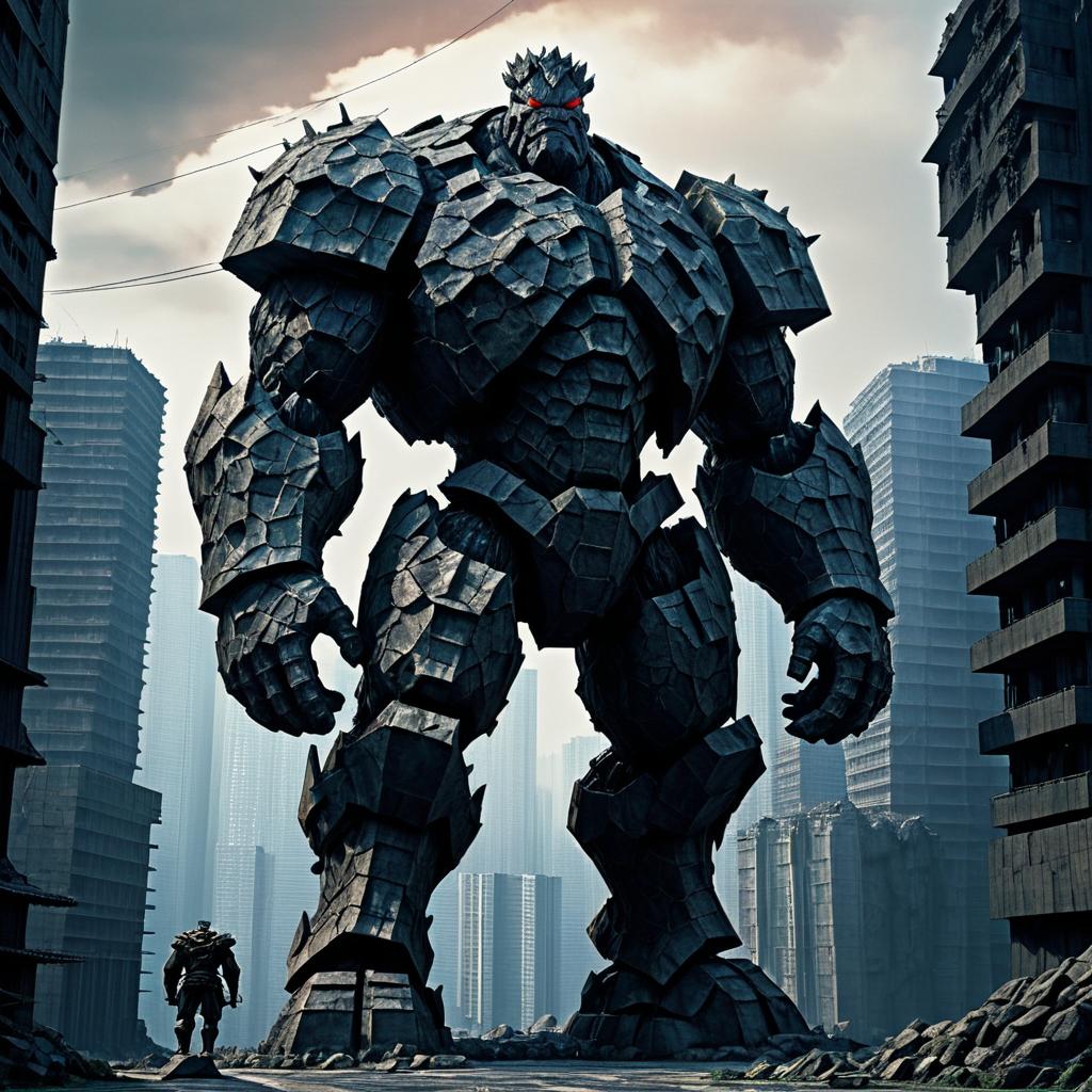 Giant Golem in Apocalyptic Urban Ruins