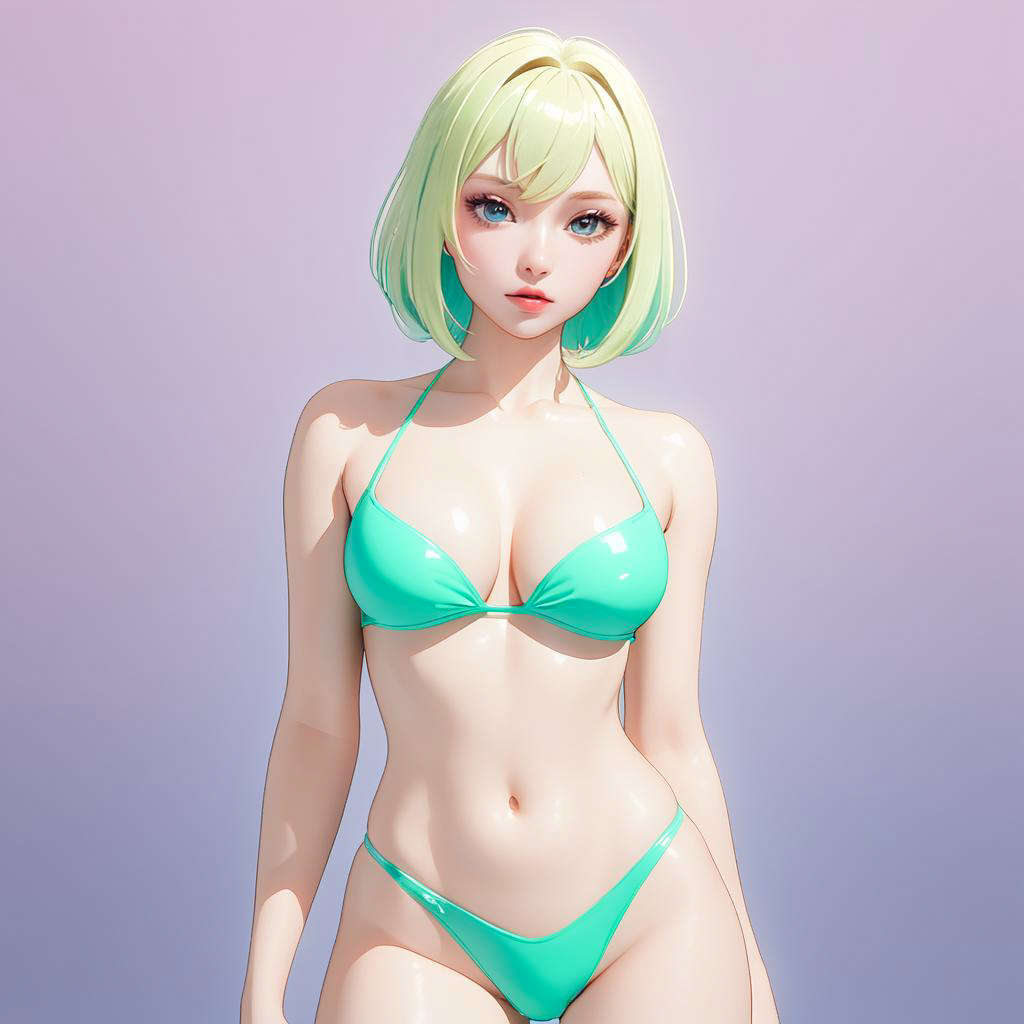 Blushing Blonde Cosplayer in Minty Bikini