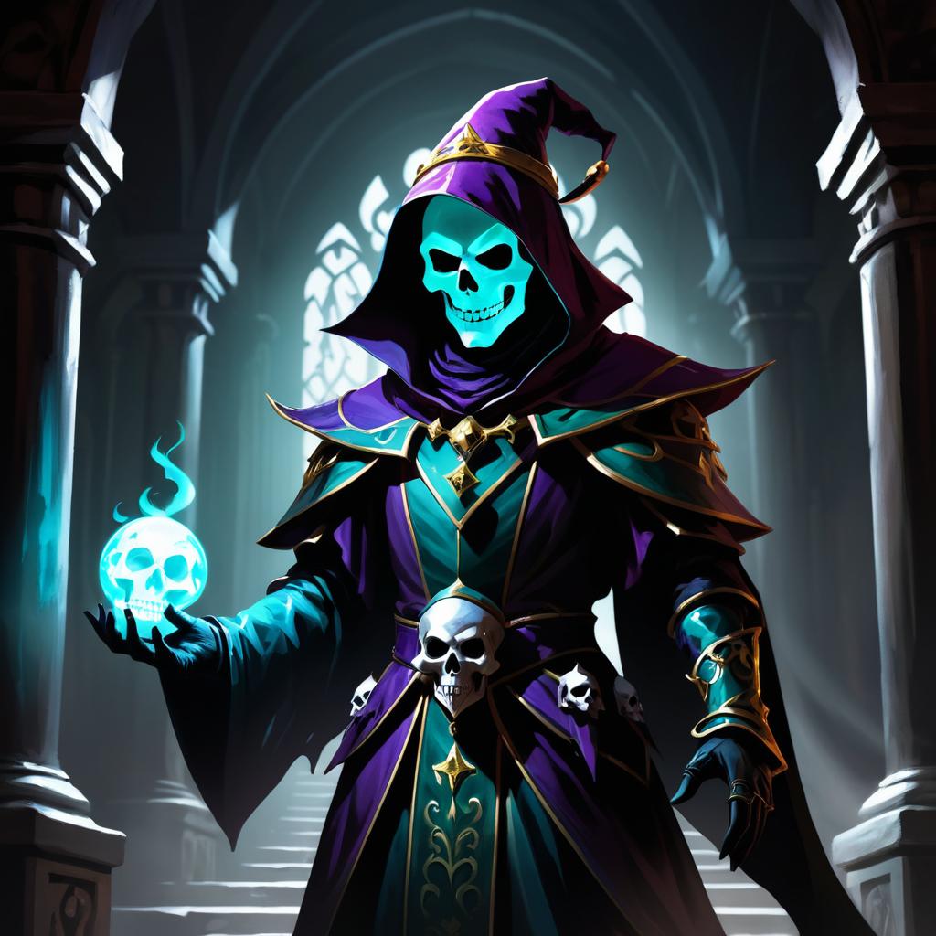 Shadowy Jester in Dark Crypt Art