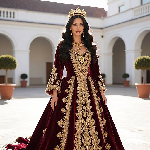 Regal Woman in Sunlit Courtyard