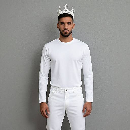 Photograph of a bearded man with medium skin tone, wearing a white long-sleeve shirt, white pants, and a white ornate crown