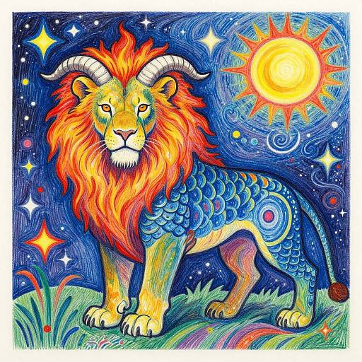 Vibrant digital illustration of a lion with a fiery mane, blue-scaled body, and horned head, standing under a glowing sun in a