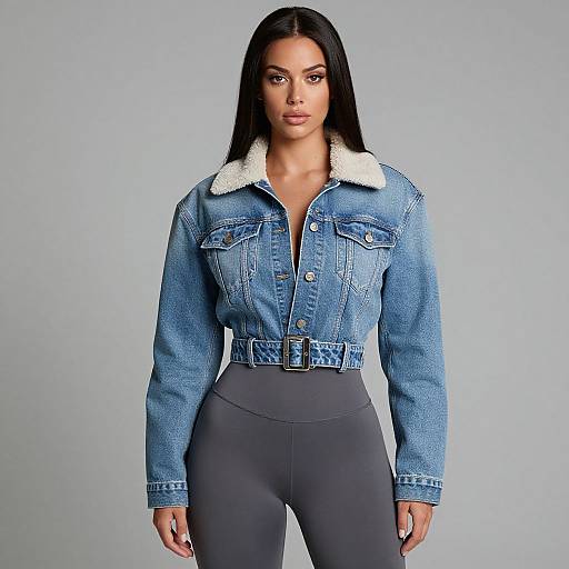 Photograph of a tall, dark-haired woman in a blue denim jacket with white shearling collar, black high-waisted pants, standing against a
