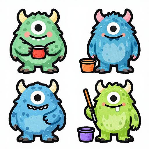 Four colorful, cartoonish, fluffy monsters with horns, holding cups, bucket, and brush; green, blue, green, blue; smiling, cute