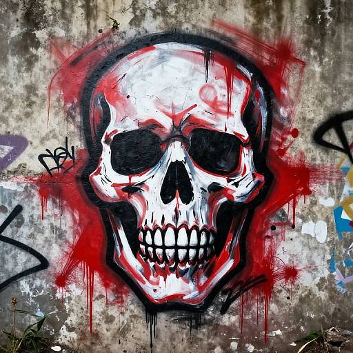 Graffiti-style digital artwork of a glowing white skull with black eye sockets and teeth, surrounded by red splatters and black outlines on a textured,