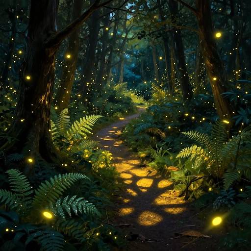 Photograph of a magical forest path at night, illuminated by glowing fireflies, with yellow-lit stepping stones and lush green ferns.