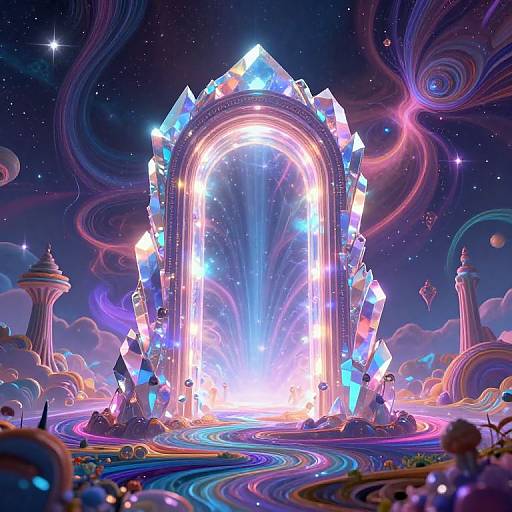 Digital art: Bright, glowing crystal archway with vibrant, multicolored facets, set against a cosmic, swirling galaxy background with floating structures and colorful