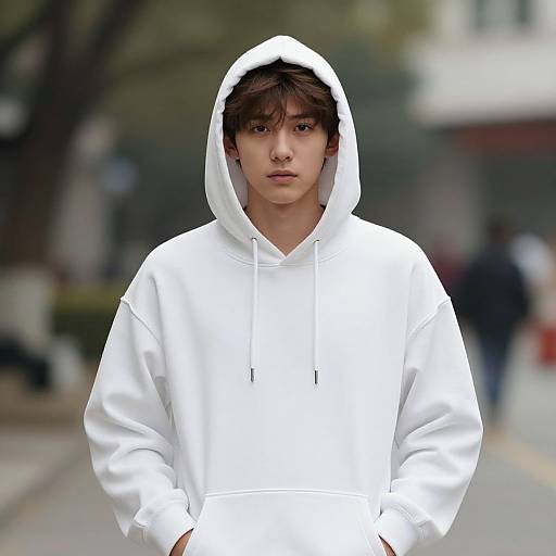 Photograph of a young man with brown hair, wearing a white hoodie and hood, standing on a blurred city street.