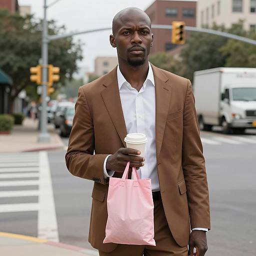 Bald Black Man in Brown Suit Holding Coffee and Pink Bag