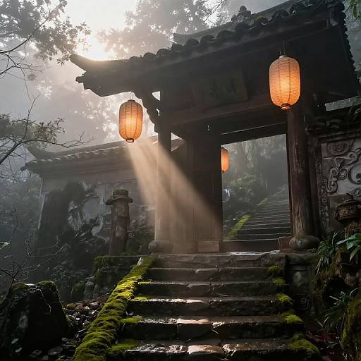 Torii Gate in Misty Mountain Dawn