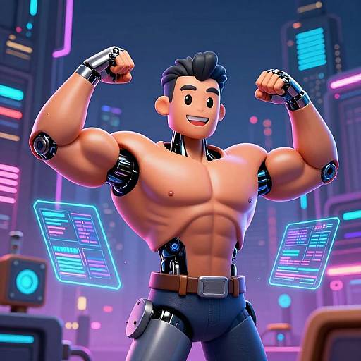 CGI image of a muscular, smiling male character with black hair, flexing arms, wearing black futuristic armor, in a neon-lit cyber city