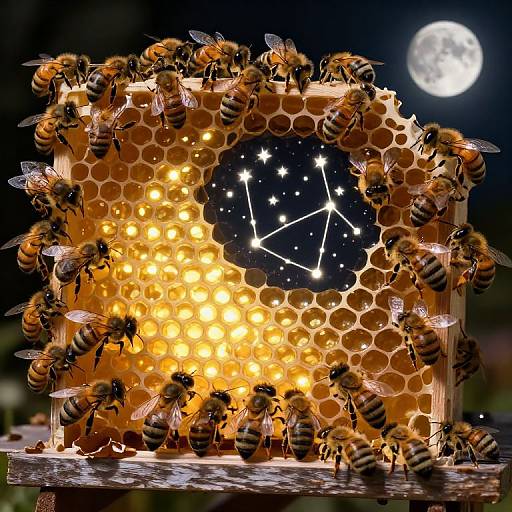 Photograph of a honeycomb frame adorned with numerous buzzing bees, illuminated by glowing honey, under a moonlit night sky with a star constellation.