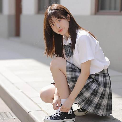 Cheerful Asian Woman on Sunny Sidewalk