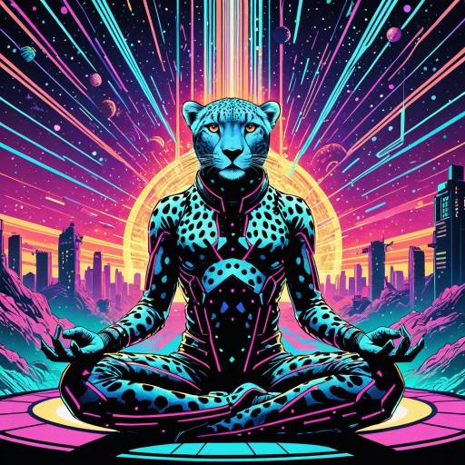 Neon Cheetah Cyber-Seer Meditating in Space