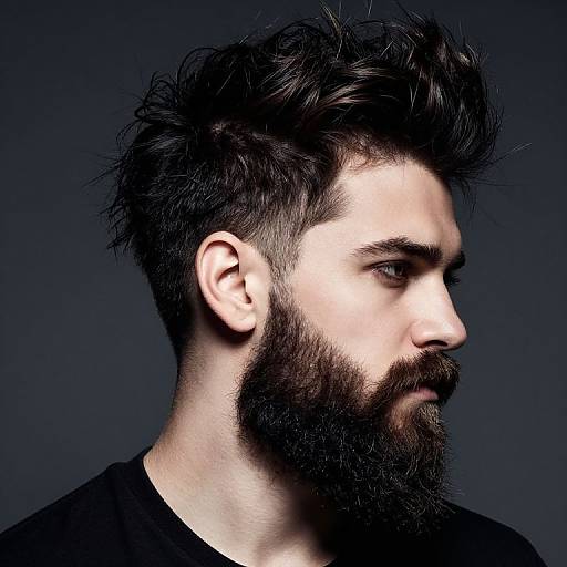 Photograph of a bearded man with dark, tousled hair, side profile, against a dark background, wearing a black shirt.