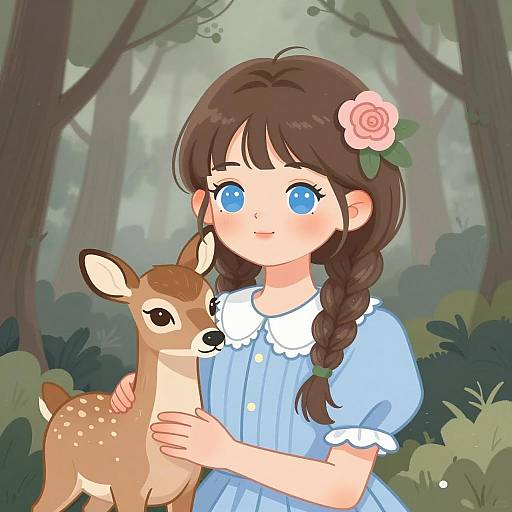 Whimsical Forest Scene with Girl and Deer