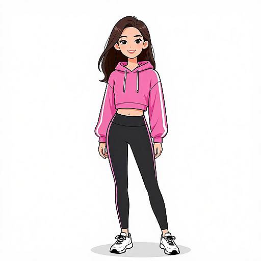 Digital drawing of a young woman with long brown hair, wearing a pink hoodie, black track pants, and white sneakers, standing against a white background.