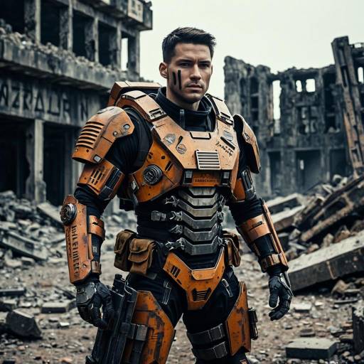 Male Soldier in Rusty Military Exoskeleton Suit in War Ruins